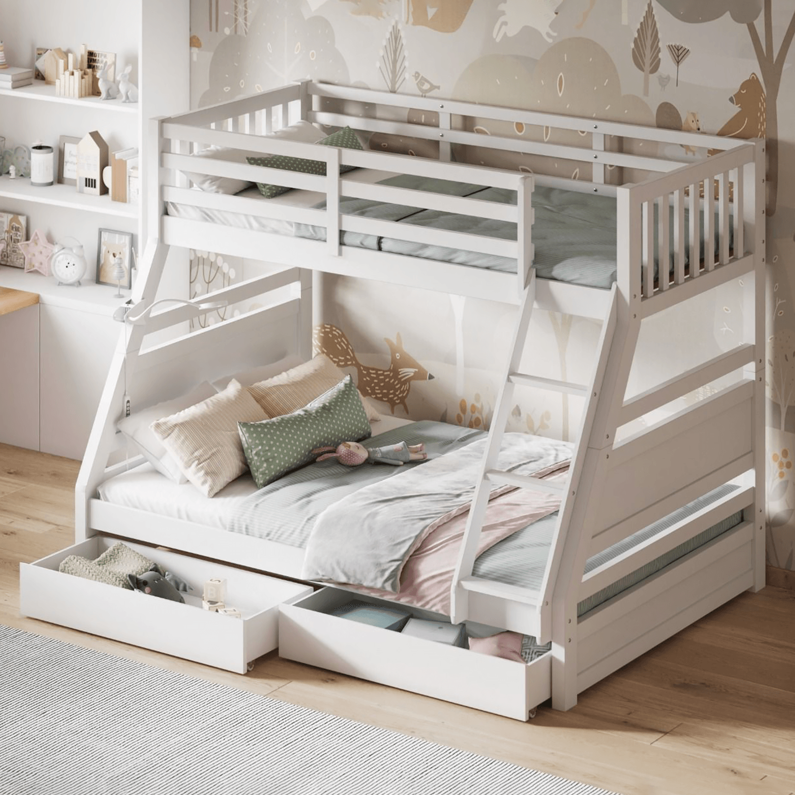 Ollie Triple Wood Bunk Bed Frame Draws White
