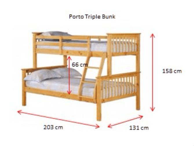 Porto Pine Wooden Triple Bunk Bed Sizes