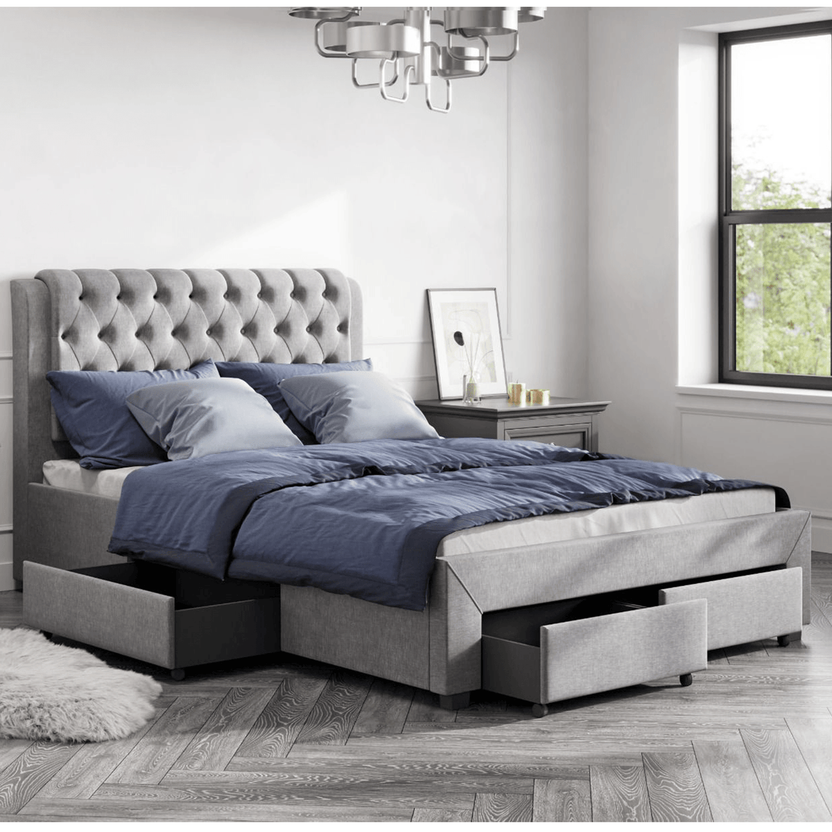 Royce Drawer Four Draw Bed Frame King Sized Light Grey 5