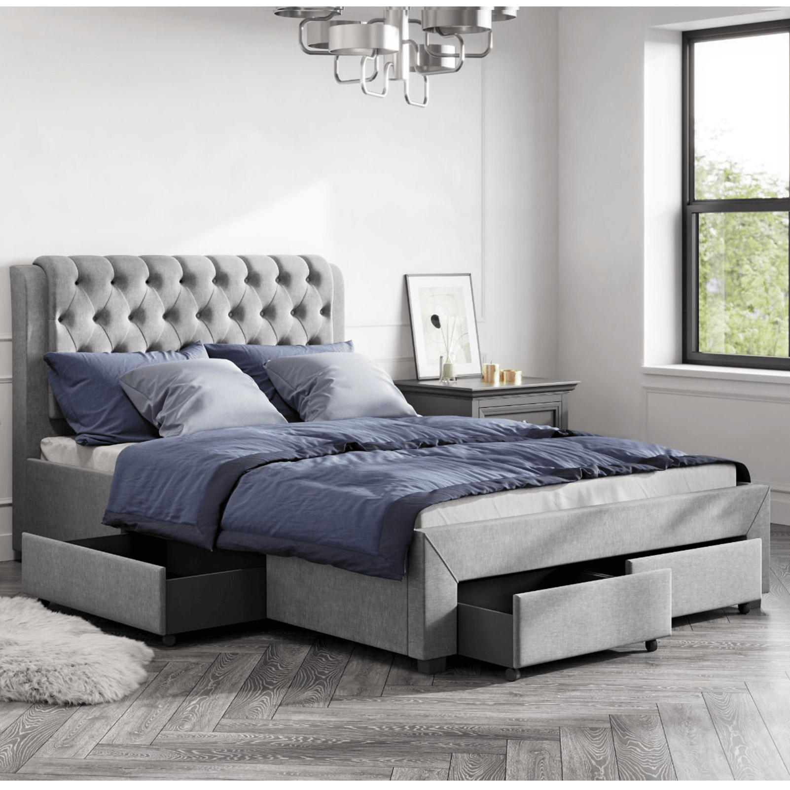 Four Draw Double Bed Frame Light Grey 4 6