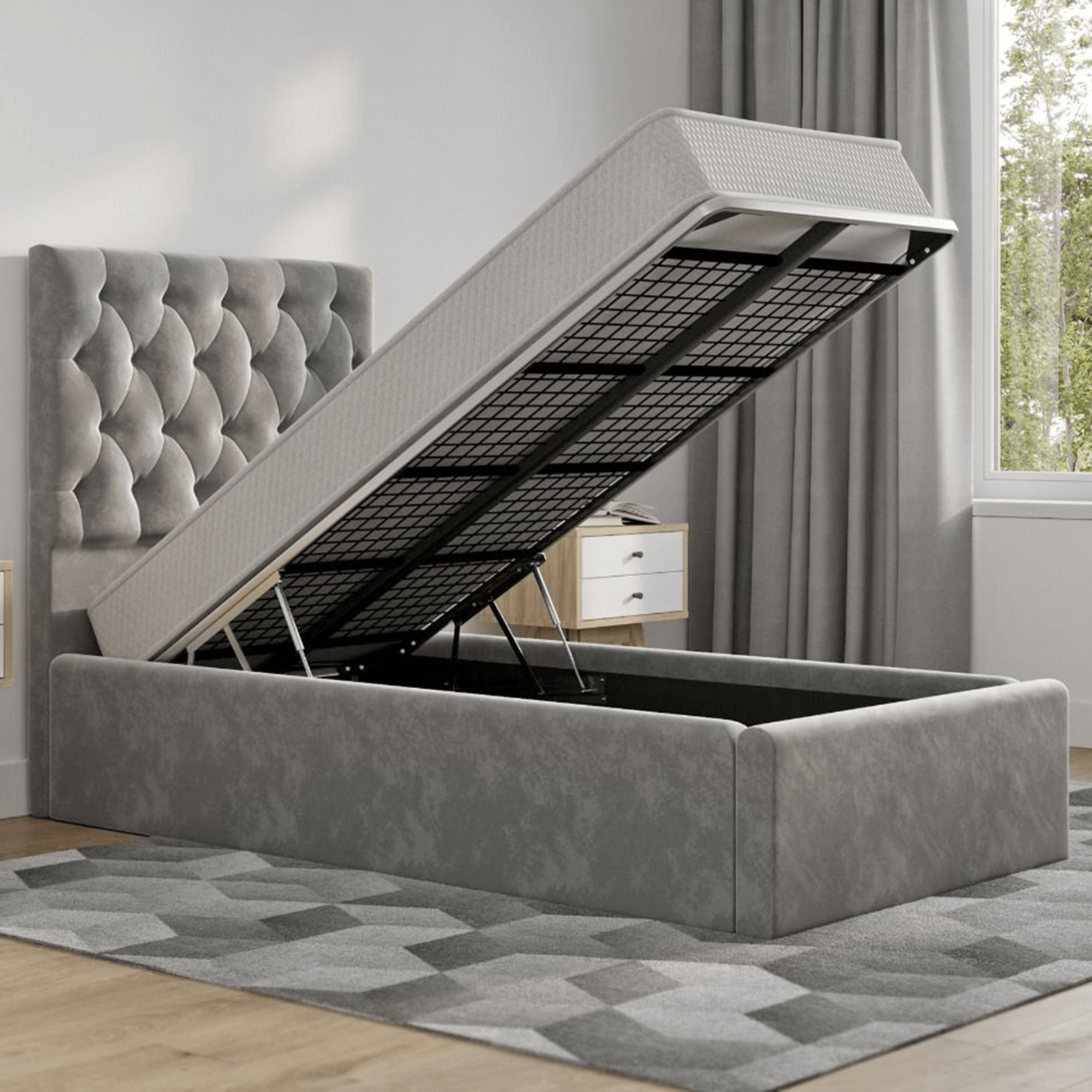 Milan Velvet Single Bed Steel Grey Underbed Storage