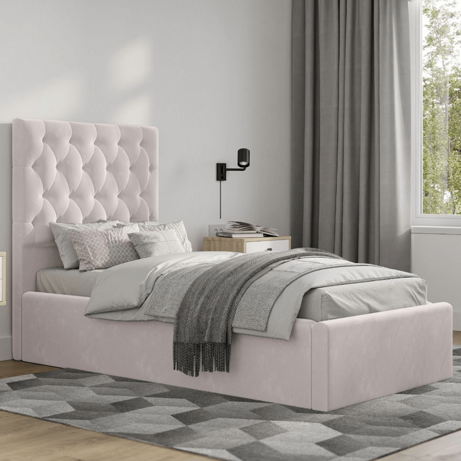 Milan Velvet Single Bed Blush Pink Storage