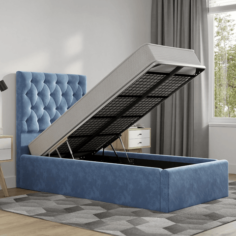 Milan Velvet Single Bed Frame in Blue Underbed