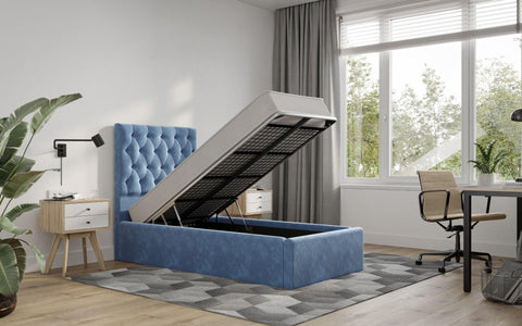 Milan Velvet Single Bed Frame in Blue Storage