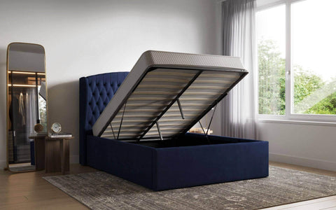 Adelina Winged Velvet Navy Blue Bed Storage
