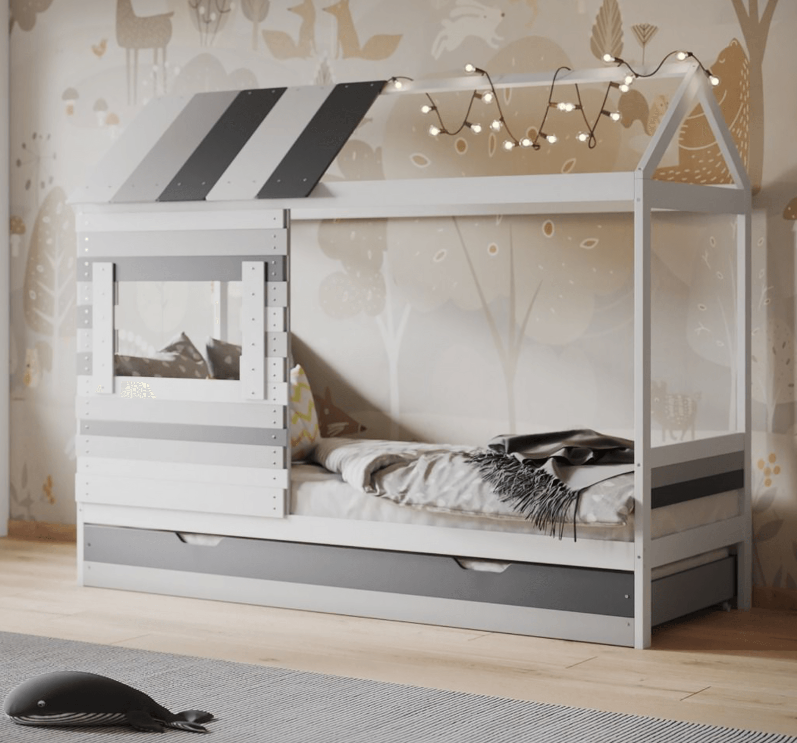 Woodland House Bed With Trundle White Grey